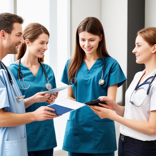 Four medical professionals, 1 man, 3 women, standing and looking at a chart.  They are in scrubs or medical type clothing.  