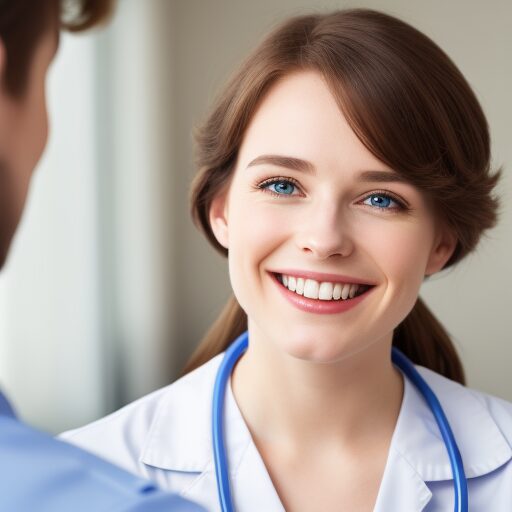 Woman in mid 30's, Auburn hair, light complexion who is Medical professional wearing a white robe and a stethoscope around her neck. She is smiling professionally and looking at a male, you can only see a partial side view of the man.  