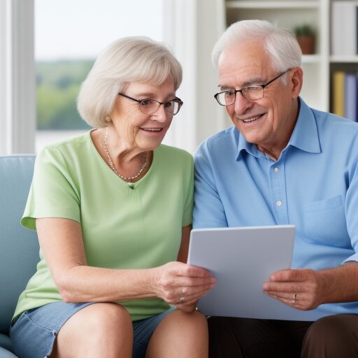 Older couple, both with gray hair and glasses. Women on left light color short and shorts. man on right with button down blue short. they are reviewing a document together.